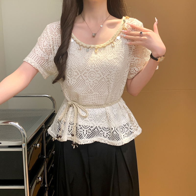 Summer hook flower vest sling lace T-shirt a set for women
