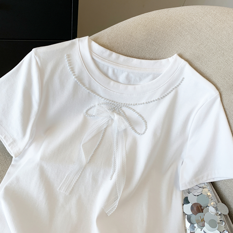 Korean style show young pearl short sleeve T-shirt for women