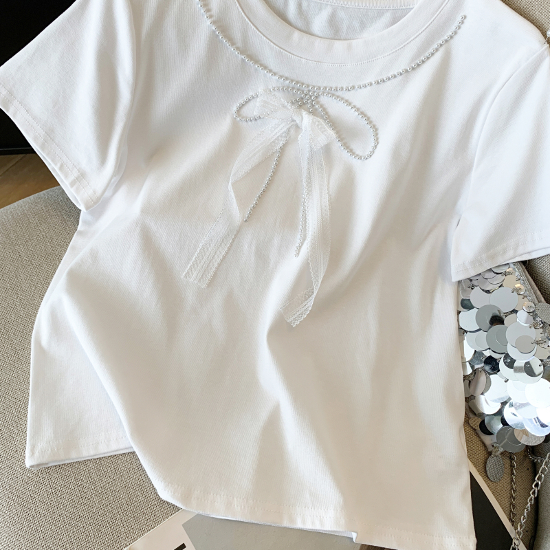 Korean style show young pearl short sleeve T-shirt for women