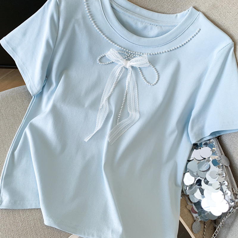 Korean style show young pearl short sleeve T-shirt for women