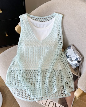 Knitted sling slim summer hollow loose vest 2pcs set