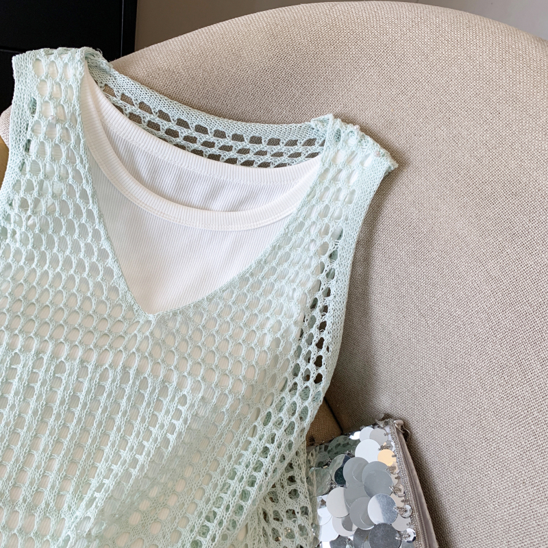 Knitted sling slim summer hollow loose vest 2pcs set
