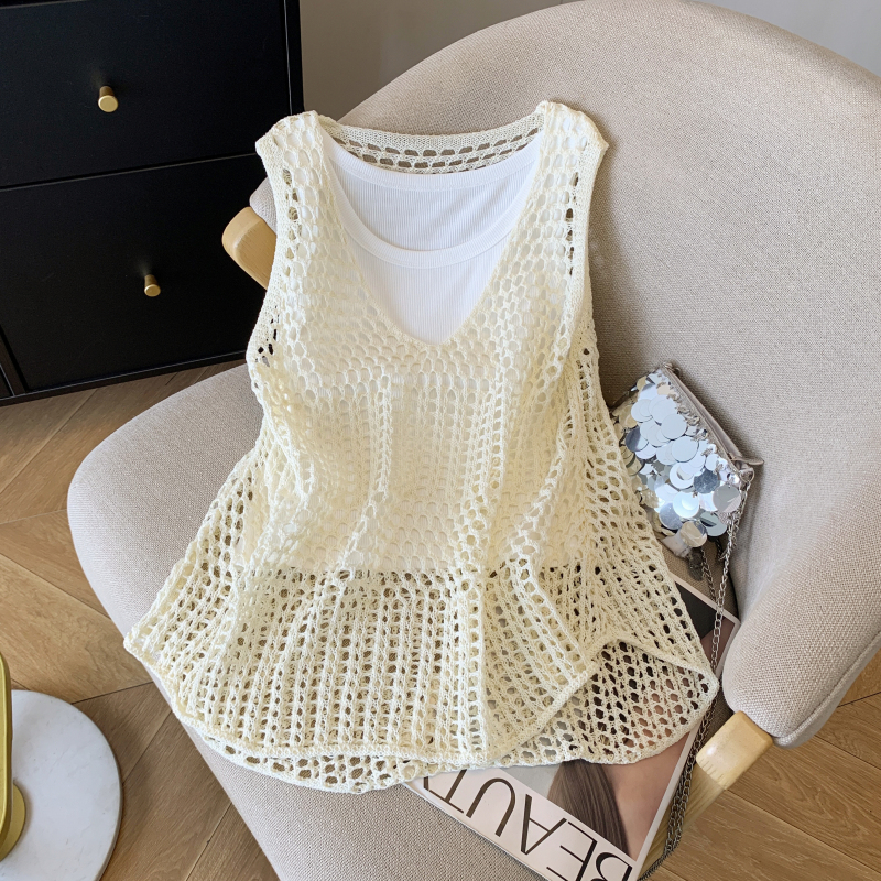 Knitted sling slim summer hollow loose vest 2pcs set