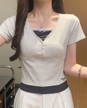 Pseudo-two enticement tops splice T-shirt for women