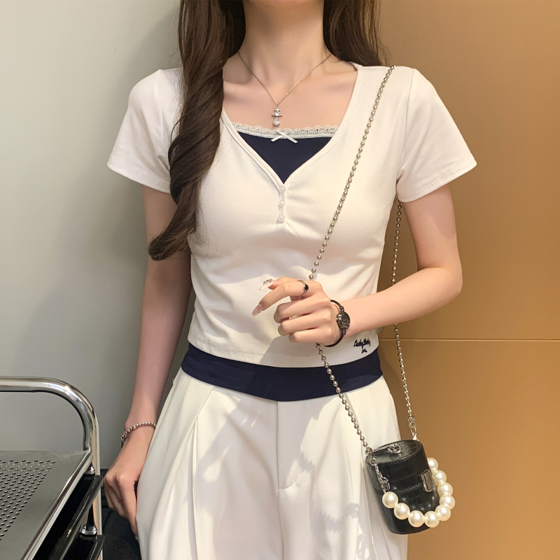 Pseudo-two enticement tops splice T-shirt for women