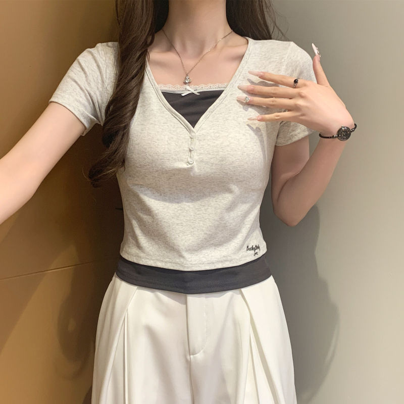 Pseudo-two enticement tops splice T-shirt for women