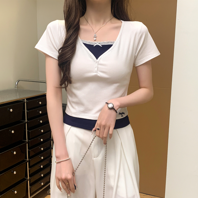 Pseudo-two enticement tops splice T-shirt for women