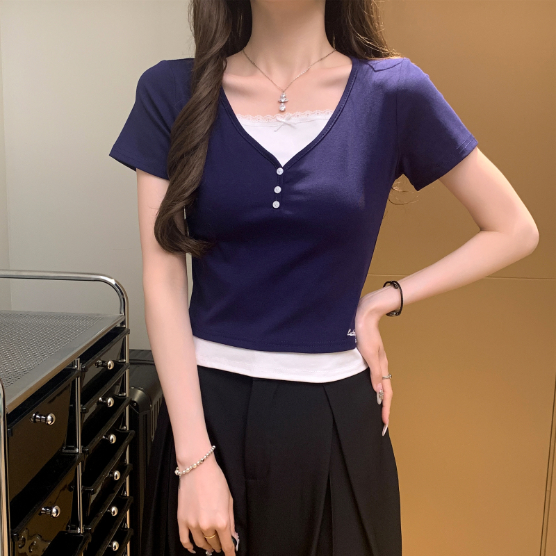 Pseudo-two enticement tops splice T-shirt for women