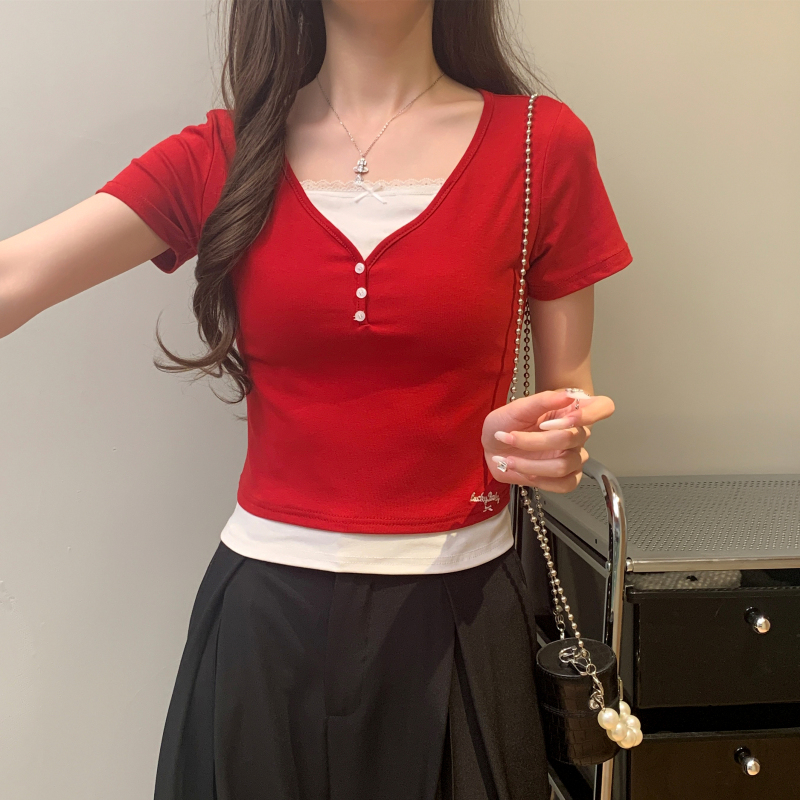 Pseudo-two enticement tops splice T-shirt for women