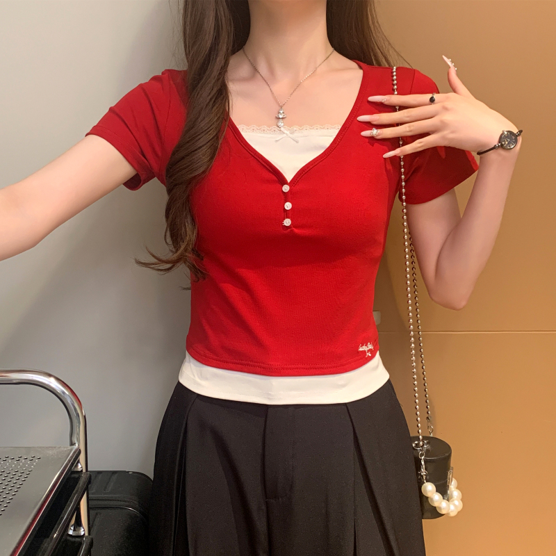 Pseudo-two enticement tops splice T-shirt for women