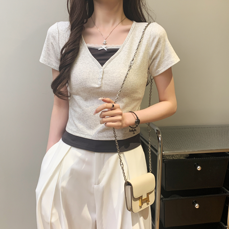 Pseudo-two enticement tops splice T-shirt for women