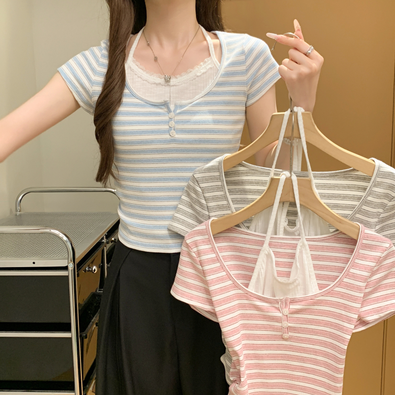 Western style Pseudo-two T-shirt Casual tops for women