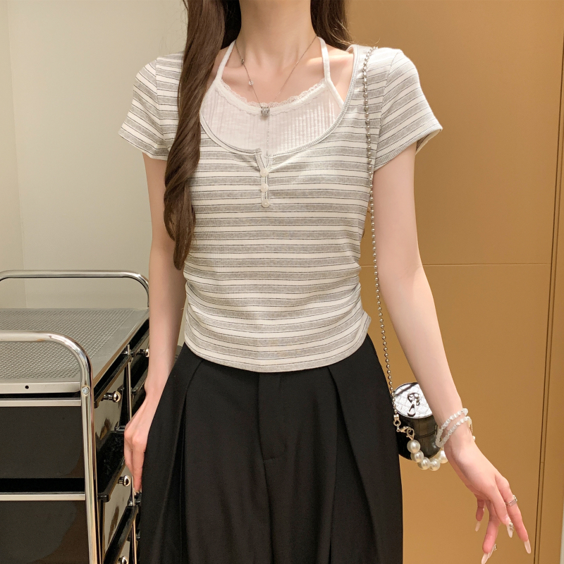 Western style Pseudo-two T-shirt Casual tops for women