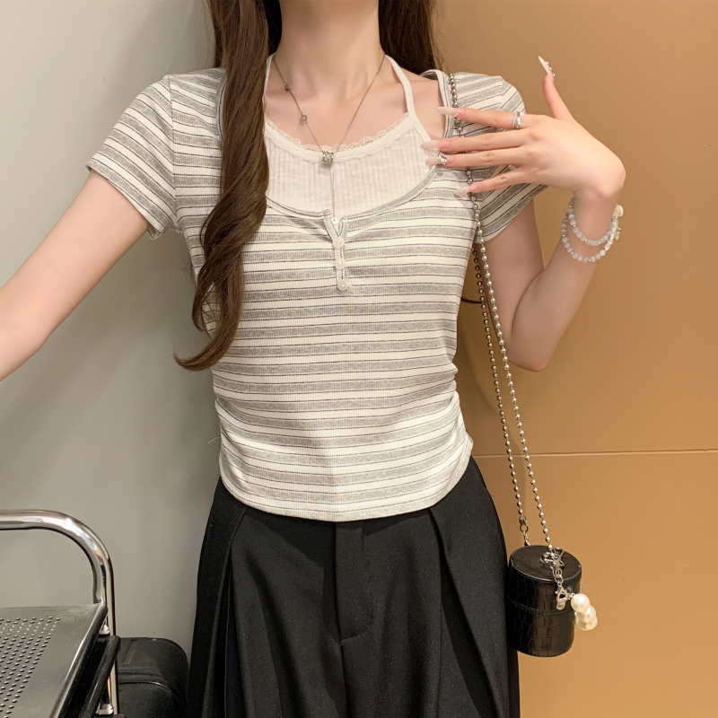 Western style Pseudo-two T-shirt Casual tops for women