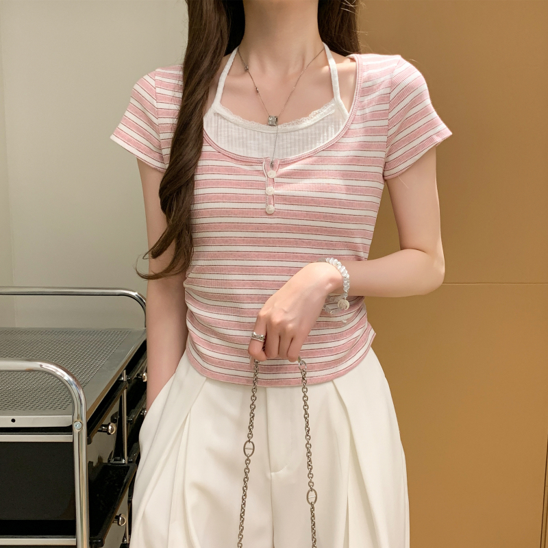 Western style Pseudo-two T-shirt Casual tops for women