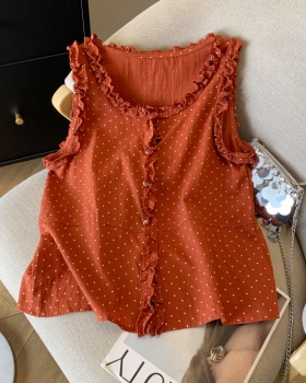 Polka dot round neck tops sleeveless cardigan for women
