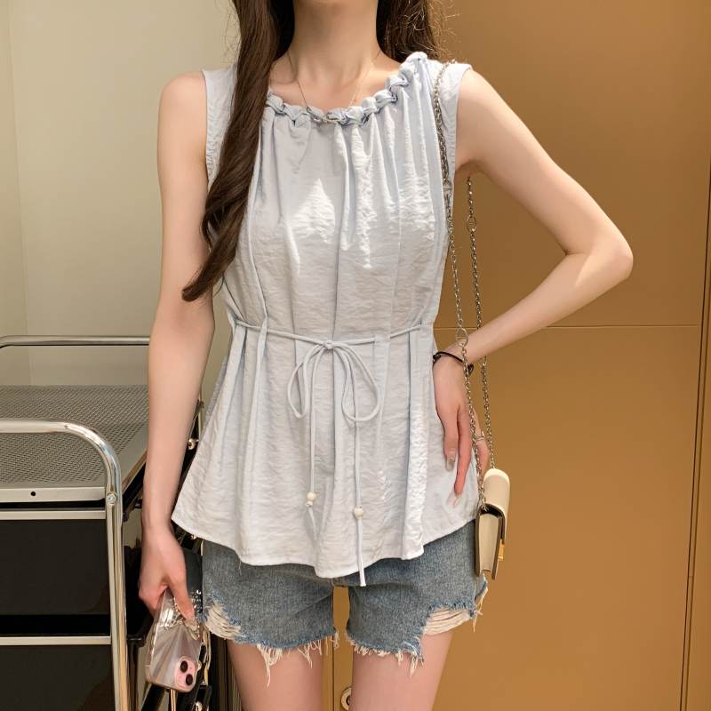 Drawstring wear shirt twist weave collar vest for women