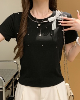 Pearl simple all-match T-shirt bow Korean style tops for women