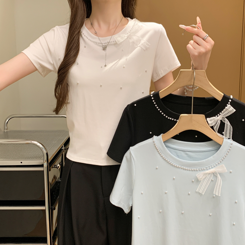 Pearl simple all-match T-shirt bow Korean style tops for women