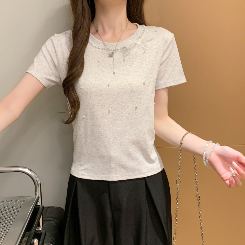 Pearl simple all-match T-shirt bow Korean style tops for women