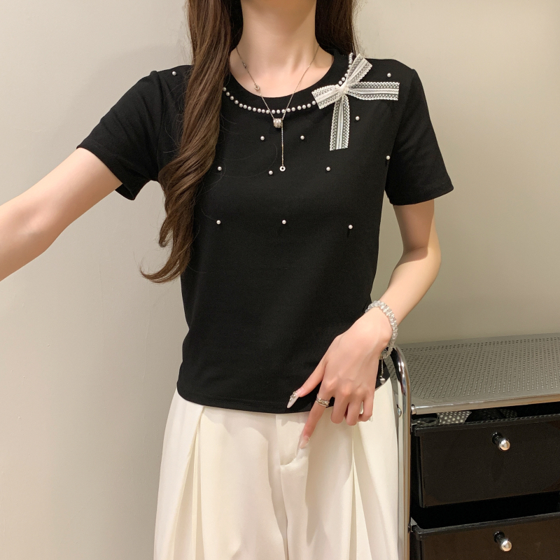 Pearl simple all-match T-shirt bow Korean style tops for women