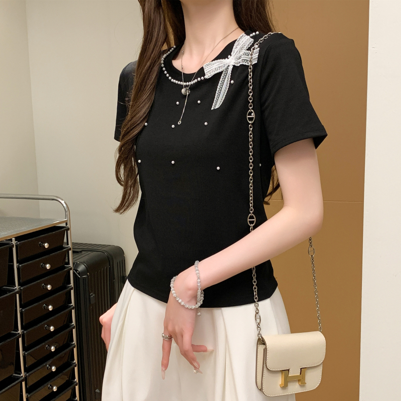 Pearl simple all-match T-shirt bow Korean style tops for women