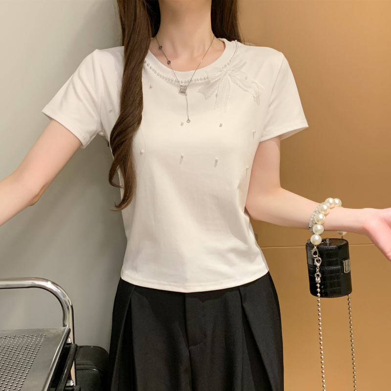 Pearl simple all-match T-shirt bow Korean style tops for women