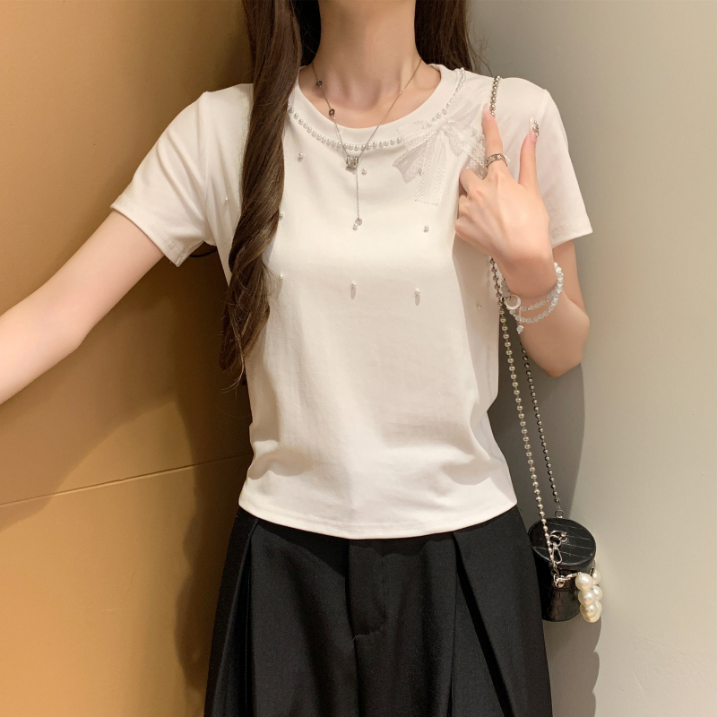 Pearl simple all-match T-shirt bow Korean style tops for women