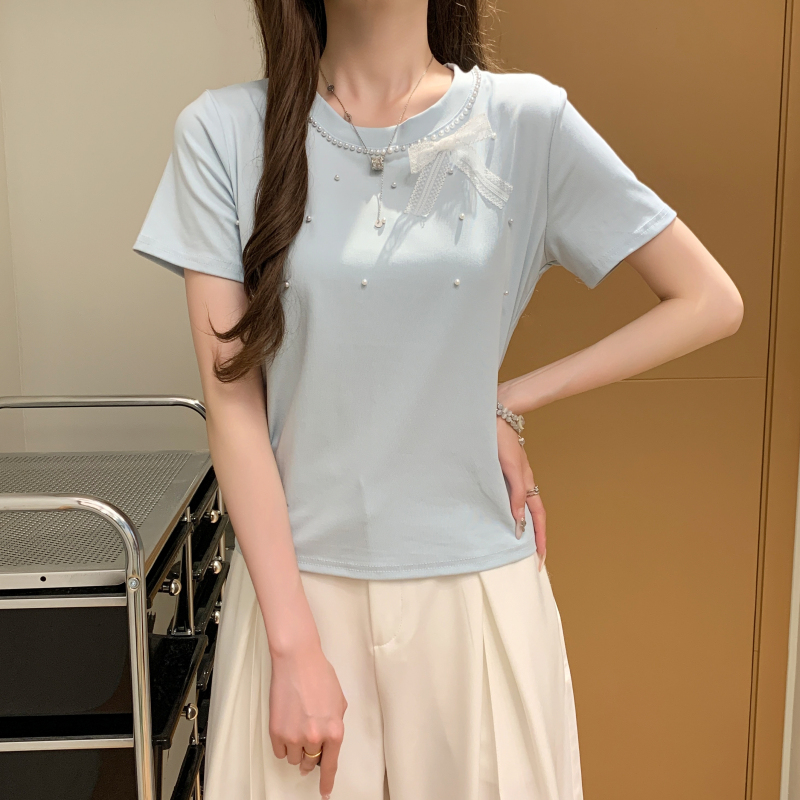 Pearl simple all-match T-shirt bow Korean style tops for women
