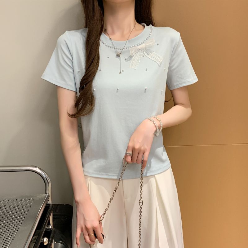 Pearl simple all-match T-shirt bow Korean style tops for women