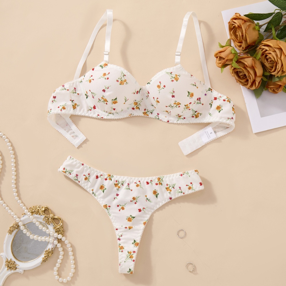 Floral white knitted T-back European style gather Bra a set