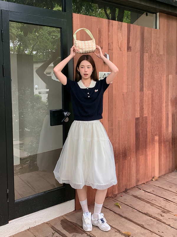 Embroidery tops contrast color collar sweater for women