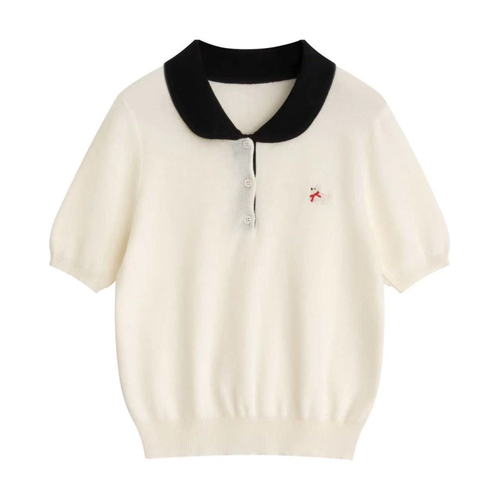 Embroidery tops contrast color collar sweater for women
