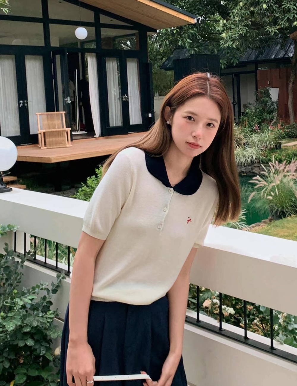 Embroidery tops contrast color collar sweater for women