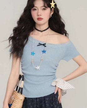 Lace sloping shoulder tops splice slim sweater for women