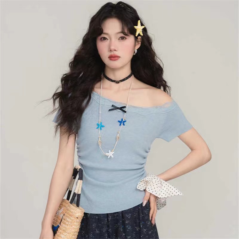 Lace sloping shoulder tops splice slim sweater for women
