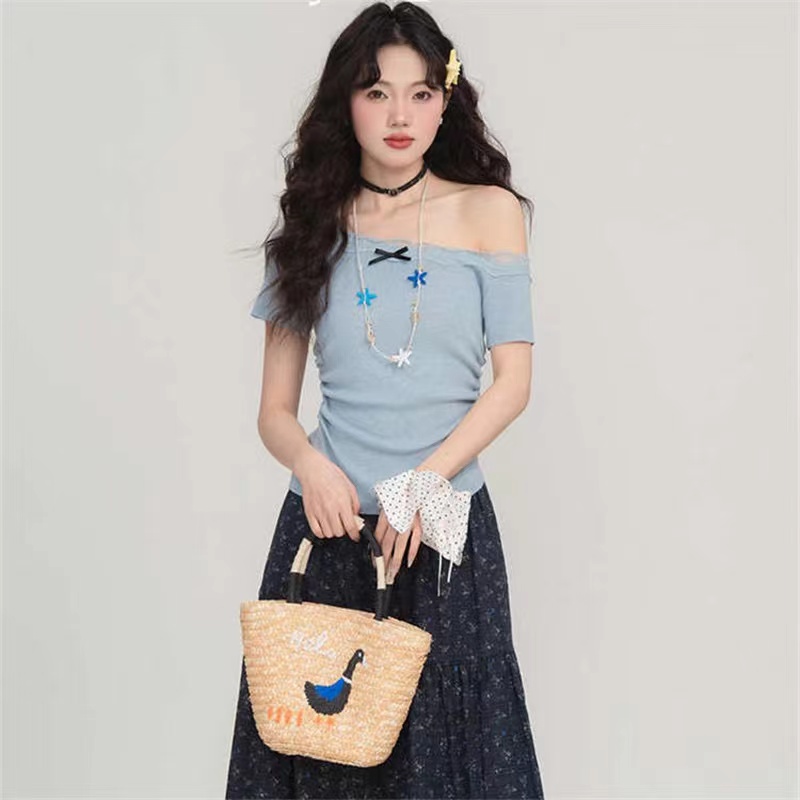 Lace sloping shoulder tops splice slim sweater for women