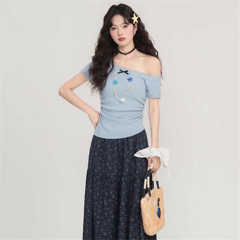 Lace sloping shoulder tops splice slim sweater for women