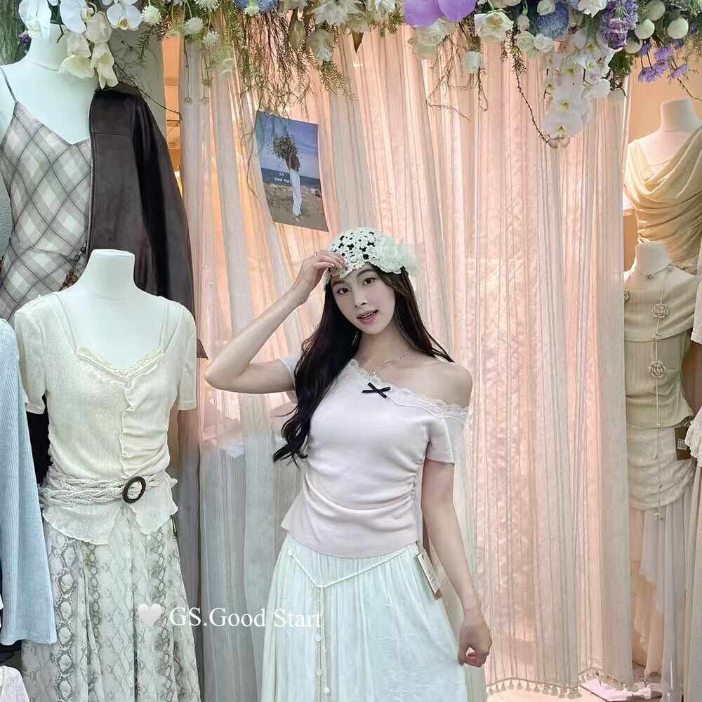 Lace sloping shoulder tops splice slim sweater for women