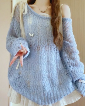 Sunscreen bow lazy thin tops hollow outside the ride loose sweater