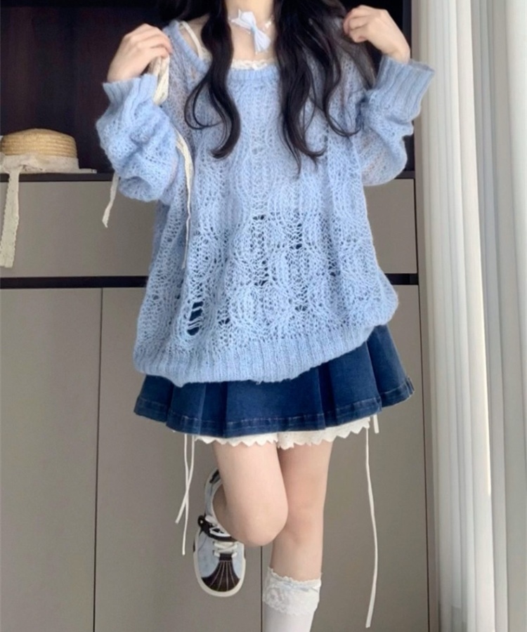 Sunscreen bow lazy thin tops hollow outside the ride loose sweater