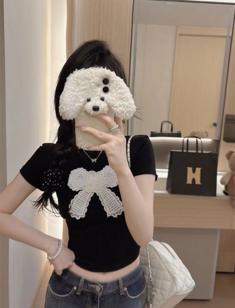 Cozy with chest pad summer bow short slim pure T-shirt