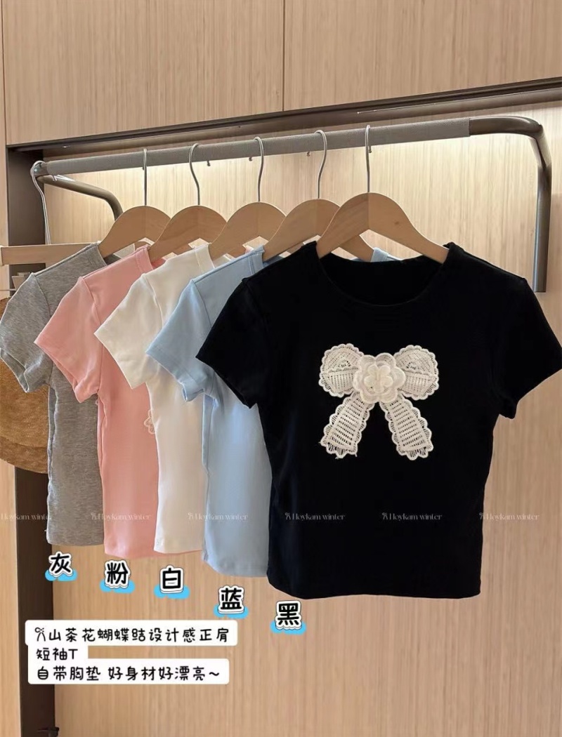 Cozy with chest pad summer bow short slim pure T-shirt