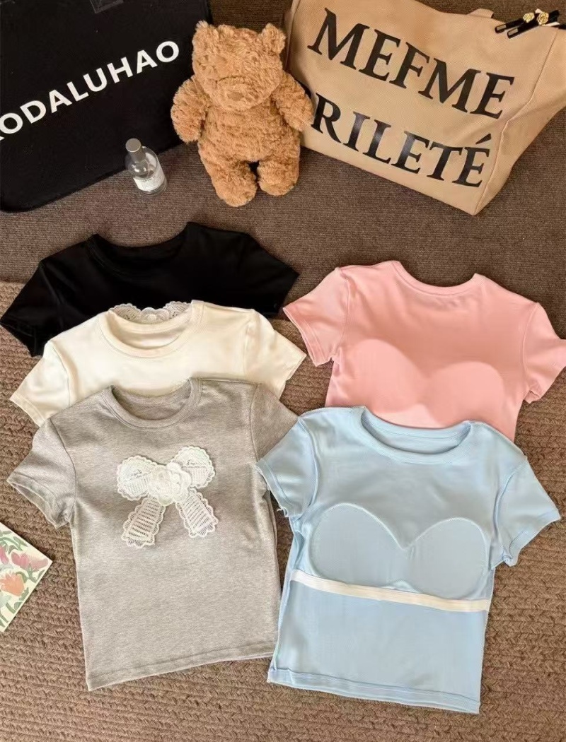 Cozy with chest pad summer bow short slim pure T-shirt