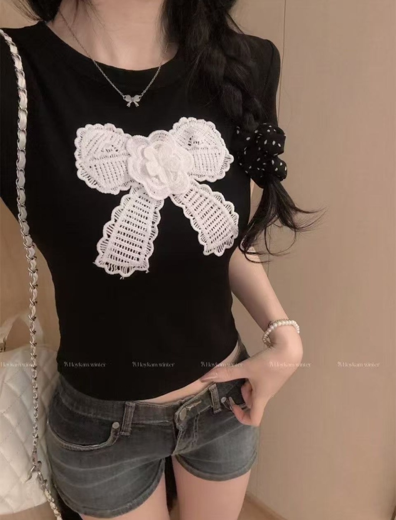 Cozy with chest pad summer bow short slim pure T-shirt