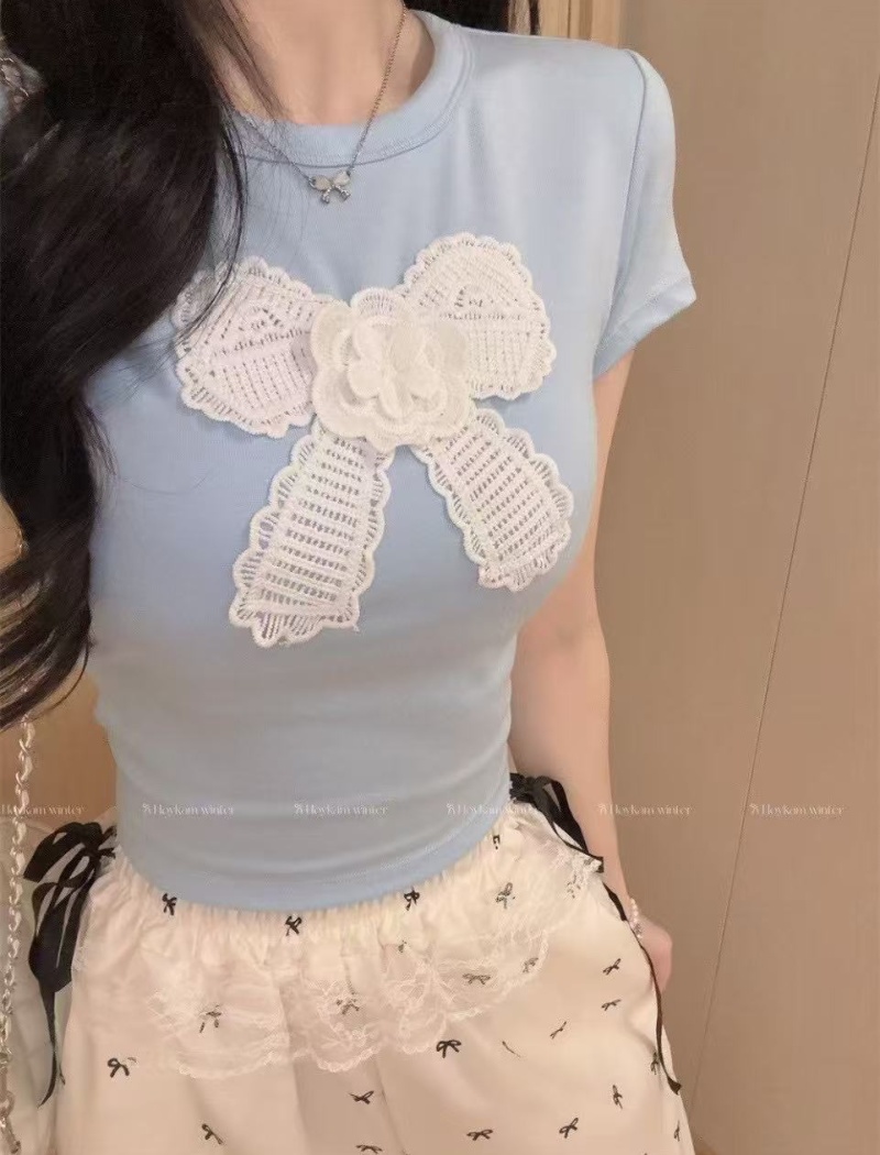 Cozy with chest pad summer bow short slim pure T-shirt