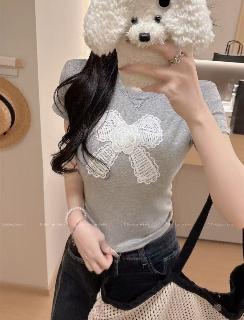 Cozy with chest pad summer bow short slim pure T-shirt