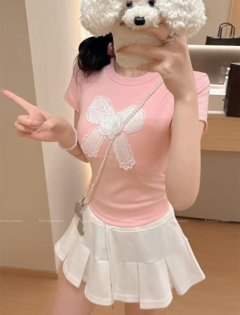 Cozy with chest pad summer bow short slim pure T-shirt