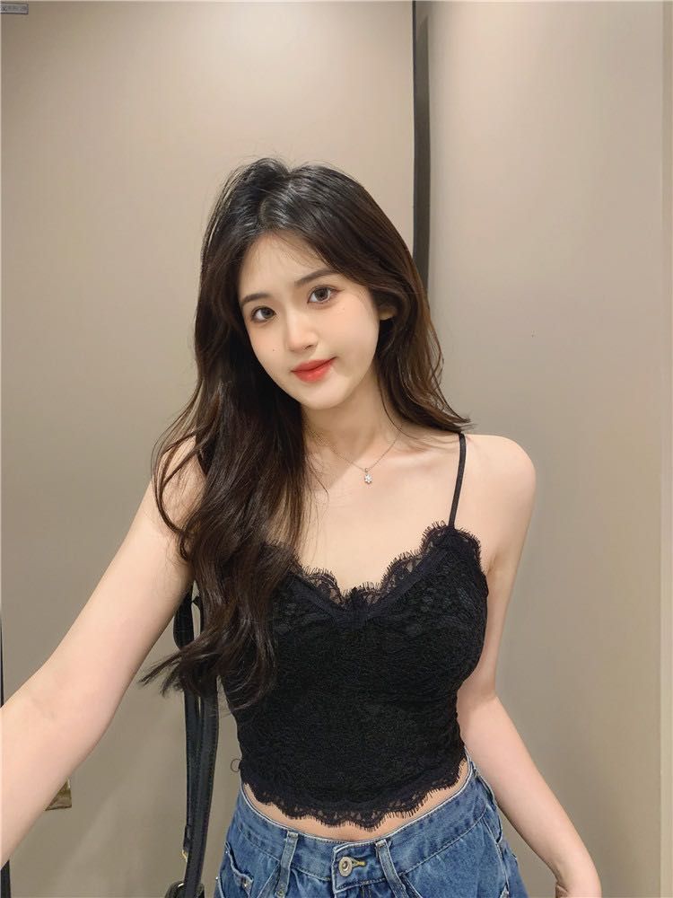 Sexy slim bottoming lace with chest pad halter tops