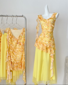 Floral sling gauze dress yellow maiden long dress